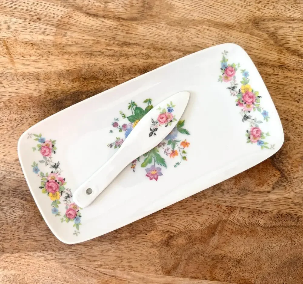 Vintage Floral Cheese Board Set Porcelain Tray with Server Pink Rose Cottage